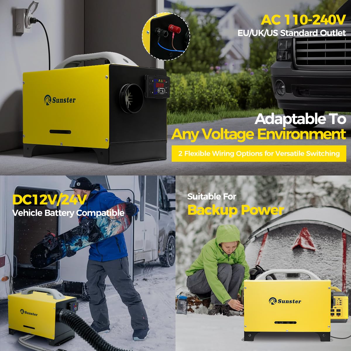 Sunster 8 kW Dieselheizung, 12V/24V/230V All-in-One Diesel-Luftheizung mit Fernbedienung & LCD-Bildschirm，AC-DC-Adapter,Untergestell,Tragbare Dieselheizung für LKW, Transporter, Wohnmobil