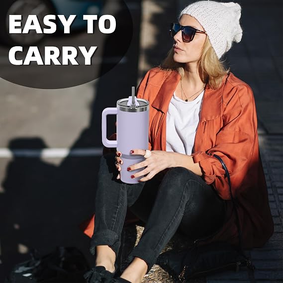 WATERSY Travel Mug Coffee Cup 40oz Tumbler Straw Lid and Handle, Stainless Steel Double Wall Vacuum Insulated Coffee Water Bottle Thermal for Cold Hot Coffee 1182ml Purple