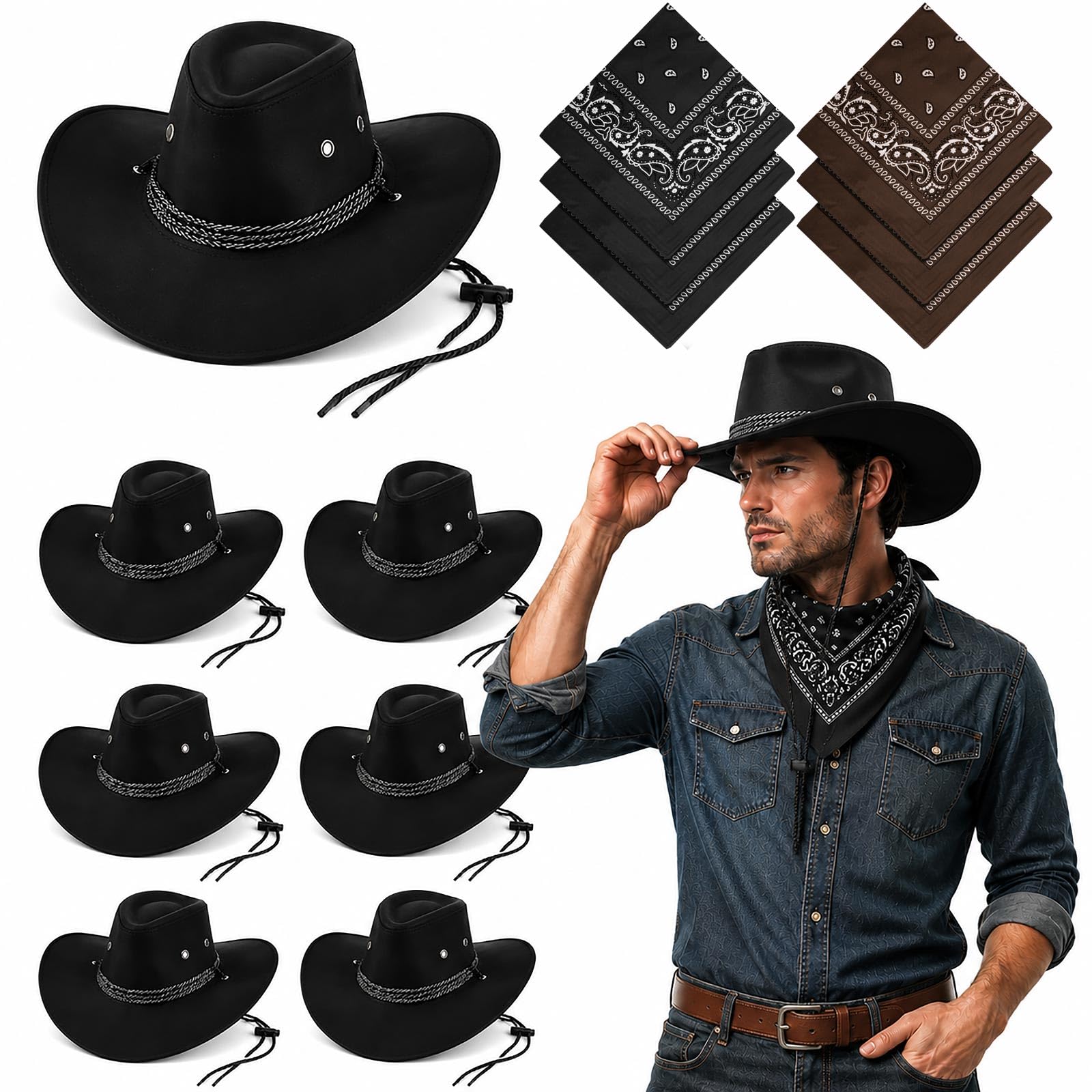 Zhanmai 12 Pcs Cowboy Hat and Bandana Cowboy Cowgirl Hats Bulk Western Party Costume Halloween Accessory