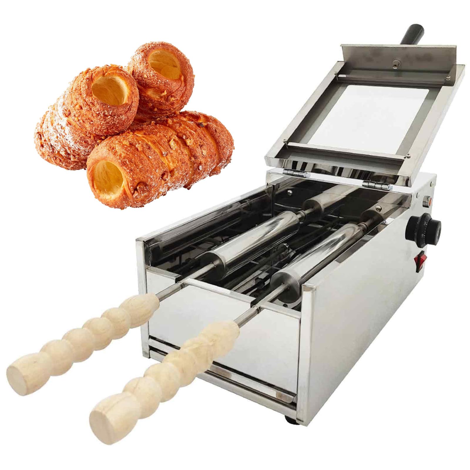 GSHSHOU Electric Chimney Cake Maker Oven Machine, 1500W Egg Roll Grill with 2Pcs Stainless Steel Roll Elements, 2 Seats, for Restaurant Home Kitchen Snack Bar