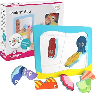 Edushape Look & Sea Bath Mirror - Baby Bath Foam Toys - Stick-On Removable Baby Foam Bath Toys for Toddlers 1-3 - Bath Toys Foam Mirror Animal Shapes Teach Cause & Effect, Reasoning, Cognitive Skills