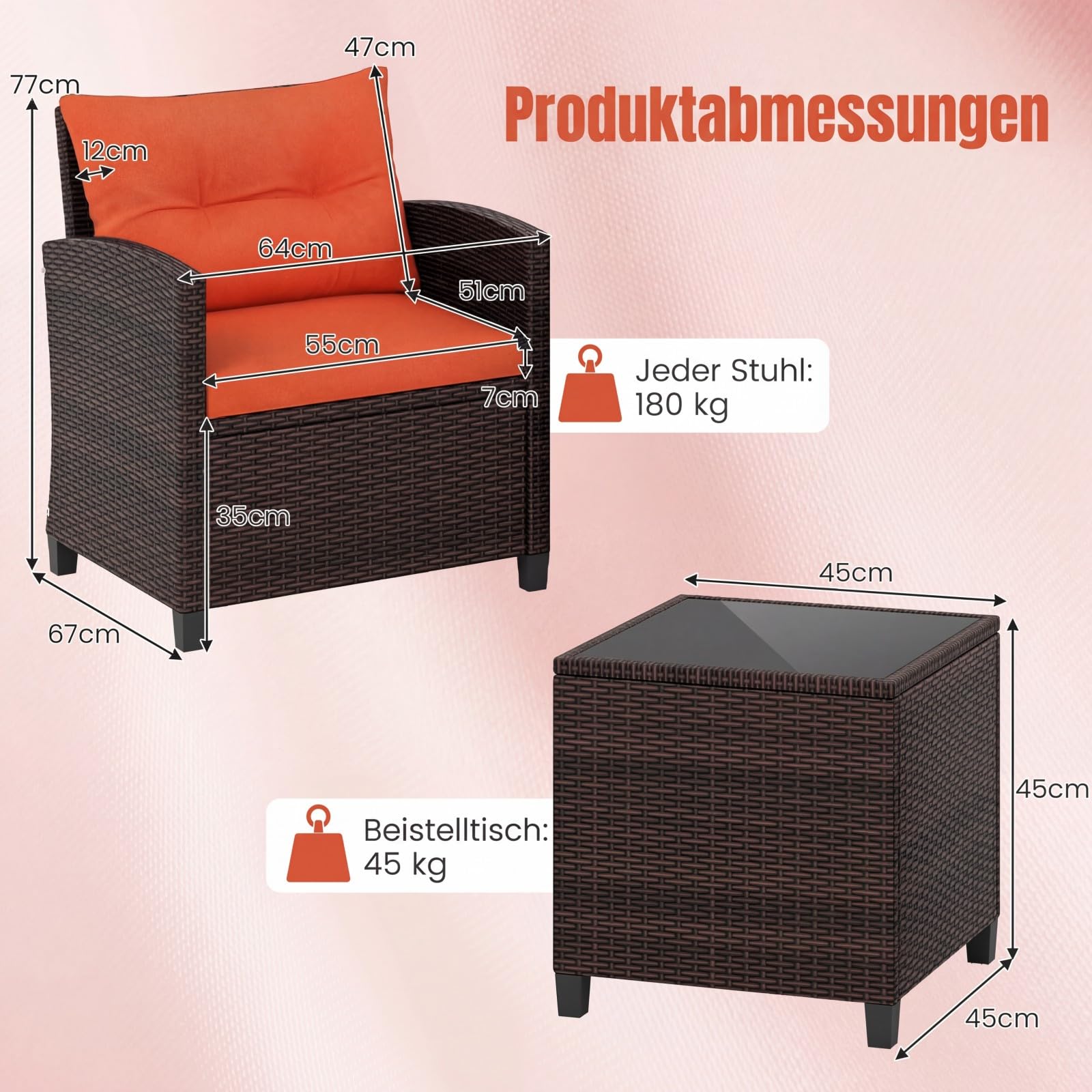 COSTWAY Rattan Gartenmöbel Set, 3-TLG. Balkonmöbel inkl. 2 Sessel, Kissen & Tisch mit gehärteter Glasplatte, Balkon Möbel klein, Wetterfeste Sitzgruppe 2 Personen (Orange)