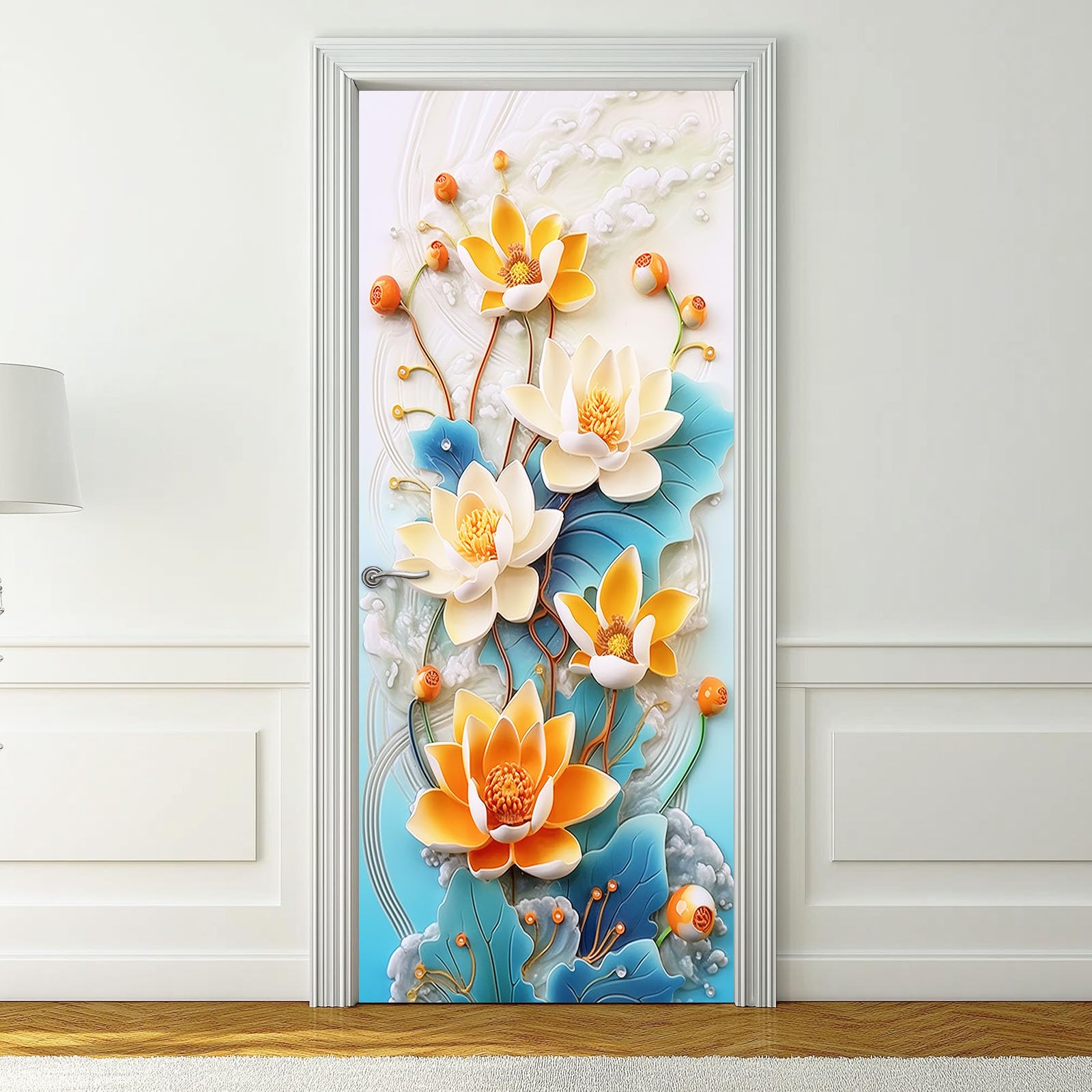 Floreale Lotus - Poster adesivo da parete, autoadesivo, motivo 3D cinese, piante foglie, blu adesivi per porta in PVC, per camera da letto, soggiorno, cucina, 95 x 215 cm
