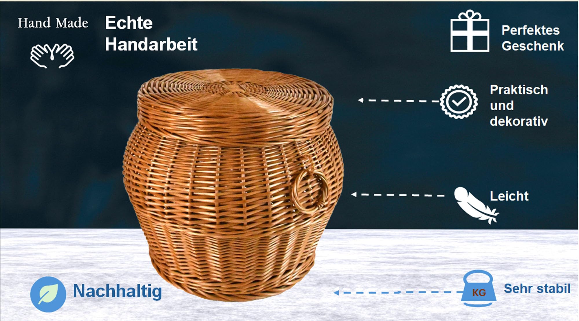 Pouf Hocker aus Weide rund braun mit Stauraum K7-148 | Deckel, Griffe, Wäschebox, Handarbeit