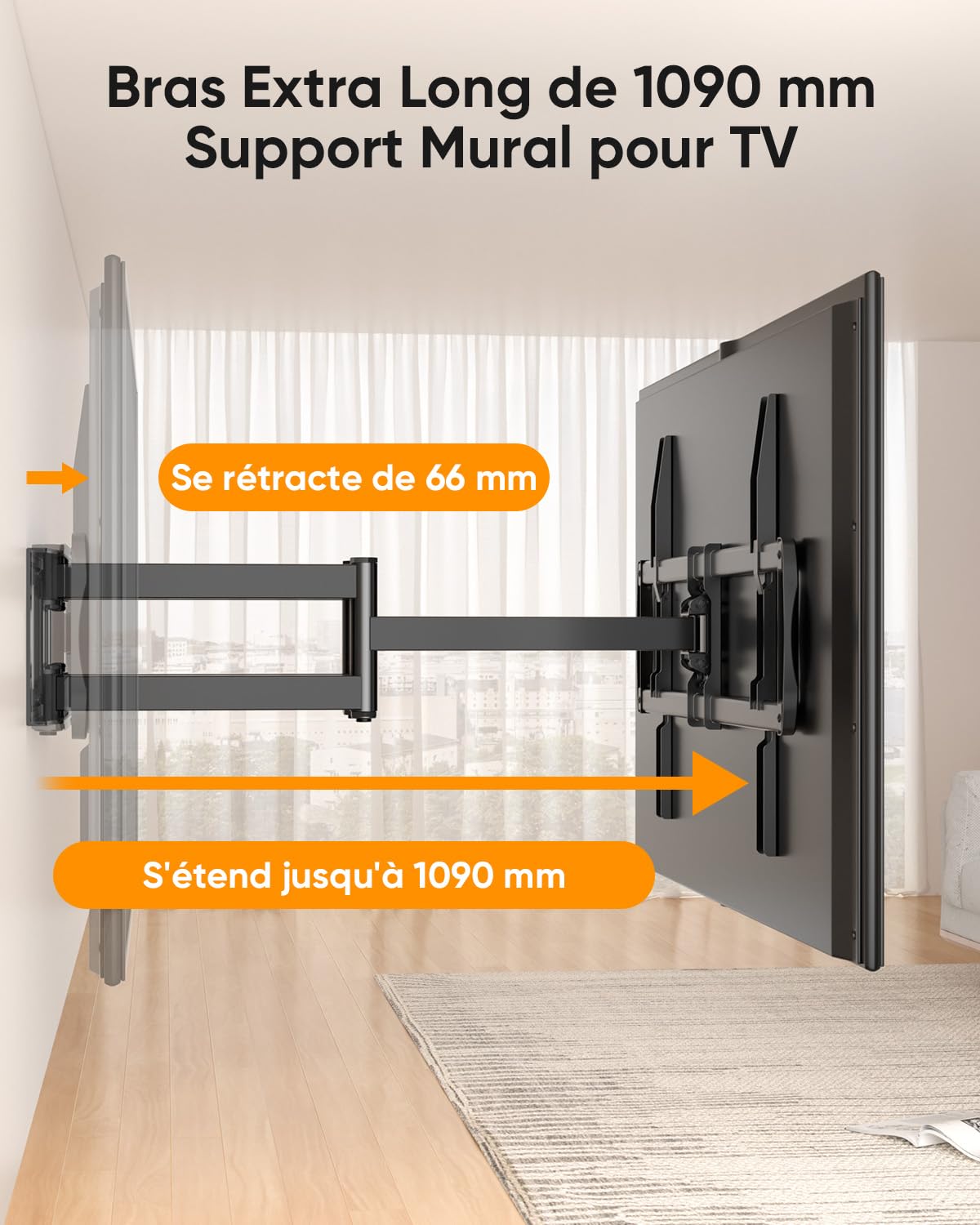 FORGING MOUNT Support Mural TV Mouvement Complet pour Téléviseurs de 60-100 Pouces Jusqu'à 125KG, Fixation TV Murale avec 2 Bras Articulés de 1090mm, Inclinable et Orientable Max. VESA 900x600mm
