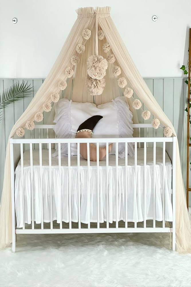 ALAVYA HOME 120 cm tule bedhemel voor baby's en wieg, muggennet met 2 pompons en hemelstang, babykamer decoratie