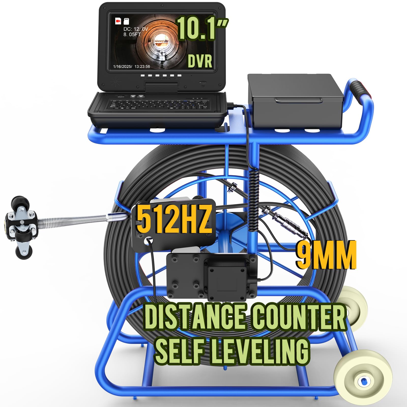 Anysun Cámara de alcantarillado con sonido de 512 Hz, cámara de alcantarillado autonivelante de 200 pies con contador de distancia, monitor IPS de 10.1 pulgadas con micrófono y DVR, cámara de tubo de