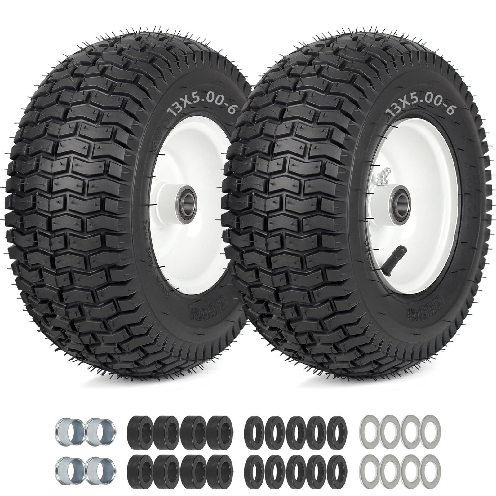 13x5.00-6 Rubber Lawn Mower Tire and Wheel, 2 Pcs Replacement 13x5-6nhs Riding Mowers Lawn Pneumatic Tire with Bearing Bore 3/4" & 5/8", 3" -4.5" Centered Hub