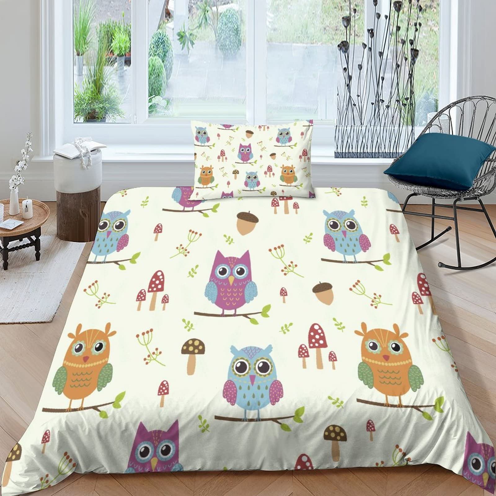 taimowei Owl Duvet Cover Bedding Comforter Cover Set Girls 3 Piece for Kids Teens 3D Bedspread Quilt Cover with Zipper Closure Soft Microfiber Single（135x200cm）