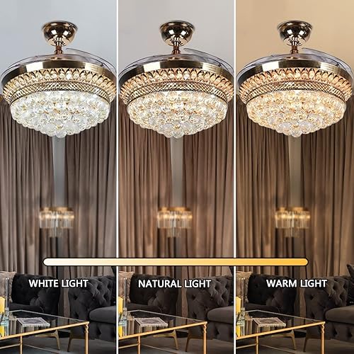 Miniatura 5 de Candelabro de techo moderno de cristal de 42 pulgadas, control remoto LED de 3 colores, cuchillas invisibles retráctiles, 3 velocidades, kits de luz