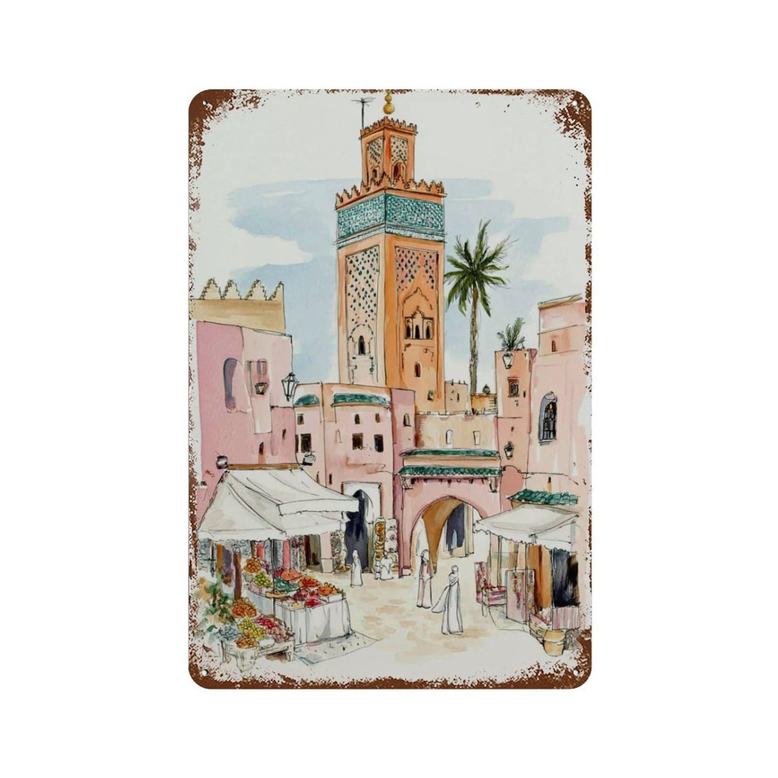 xiaoxiaoshen Marrakech Market Moroccan Watercolor Architecture Exotic Travel Boho Home Work Wall Decor Art Metal Tin Poster Modern Home Decor Art Home Bar Shop Decorations Vintage Sign 30x20cm