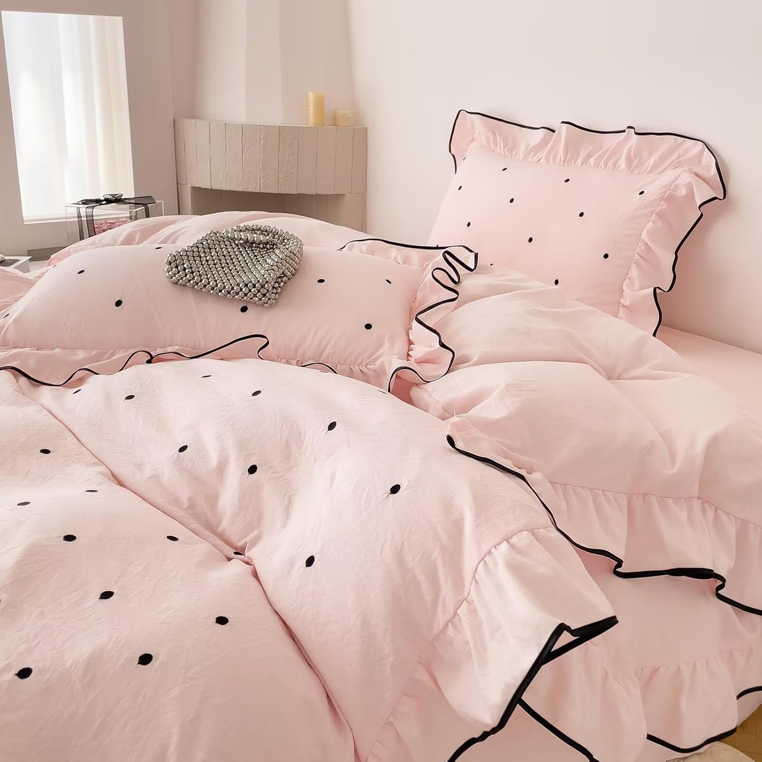 Queen Size Duvet Cover Set Pink Polka Dot,1 Duvet Cover with 2 Pillowcases,Cute Ruffled Comforter Cover with Corner Ties,3 Pcs Embroidery Aesthetic Coquette Bedding Set 90"×90"