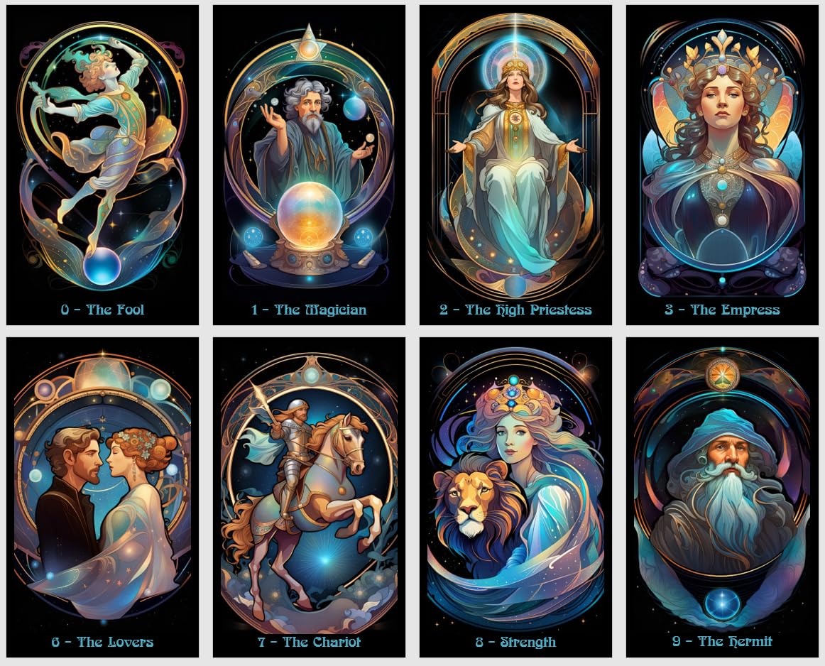 Baraja de tarot Art Nouveau | 78 cartas ilustradas con arte de línea fluida y simbolismo místico | Elegante herramienta de adivinación inspirada en la Belle Époque