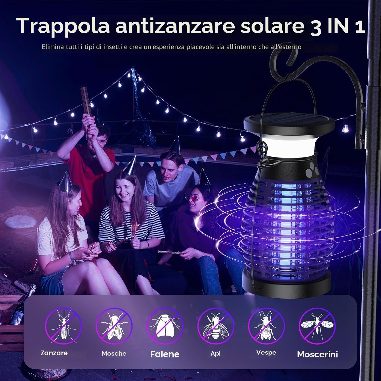 Lampada Antizanzare Elettrica Solare, 4200V UV Zanzariera, Ricarica Solare e USB, IP66, Ammazza Zanzare Elettrico per Interni, Cortile, Patio, Giardino, Campeggio (Viola)