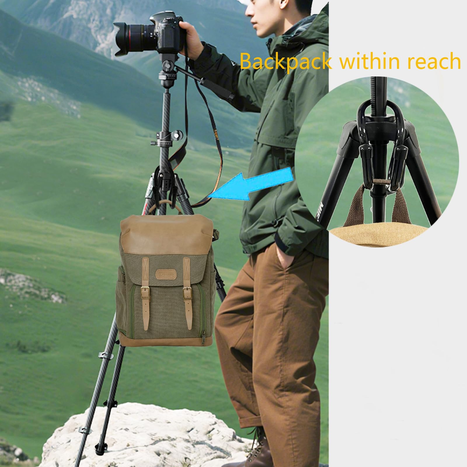 Gancio portatile per treppiede per fotocamera, impedisce allo zaino di toccare il terreno, ganci flessibili per appendere il treppiedi adatti alla maggior parte dei treppiedi