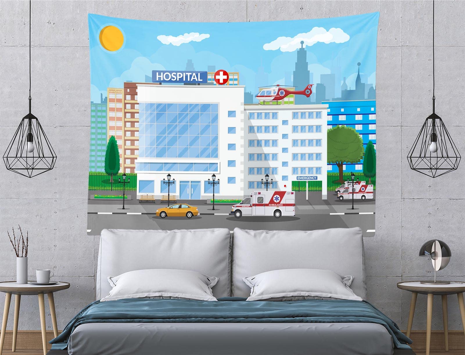 CORFOTO 300x250CM Hôpital Tapisserie Matériel médical hôpital bâtiment ambulance Tapisserie murale Décoration esthétique du salon, de la chambre et du dortoir Wall Hanging