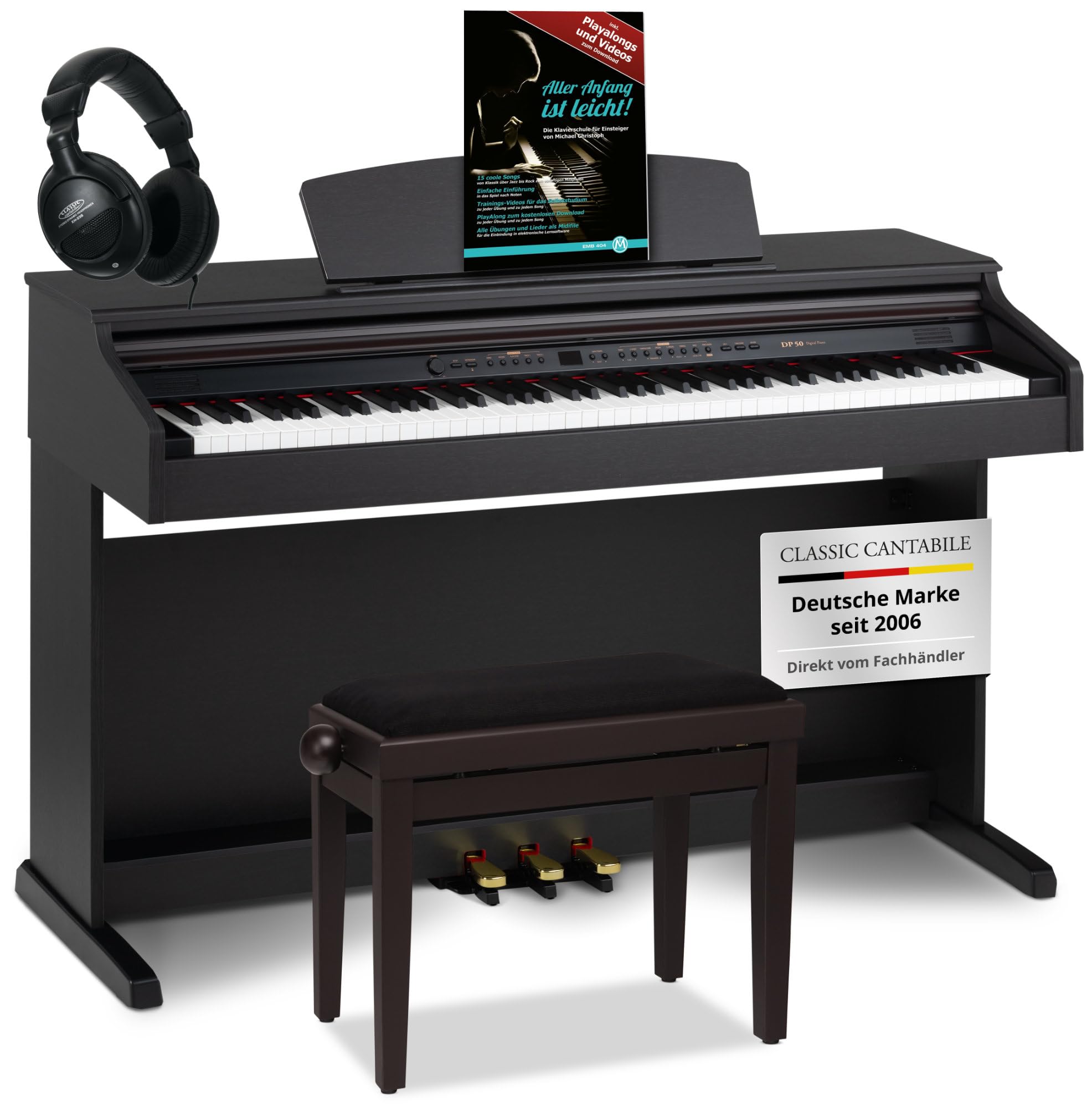 Klasyczne pianino cyfrowe Cantabile DP-50 RH, palisander, zestaw z ławką, słuchawkami i materiałami do nauki gry