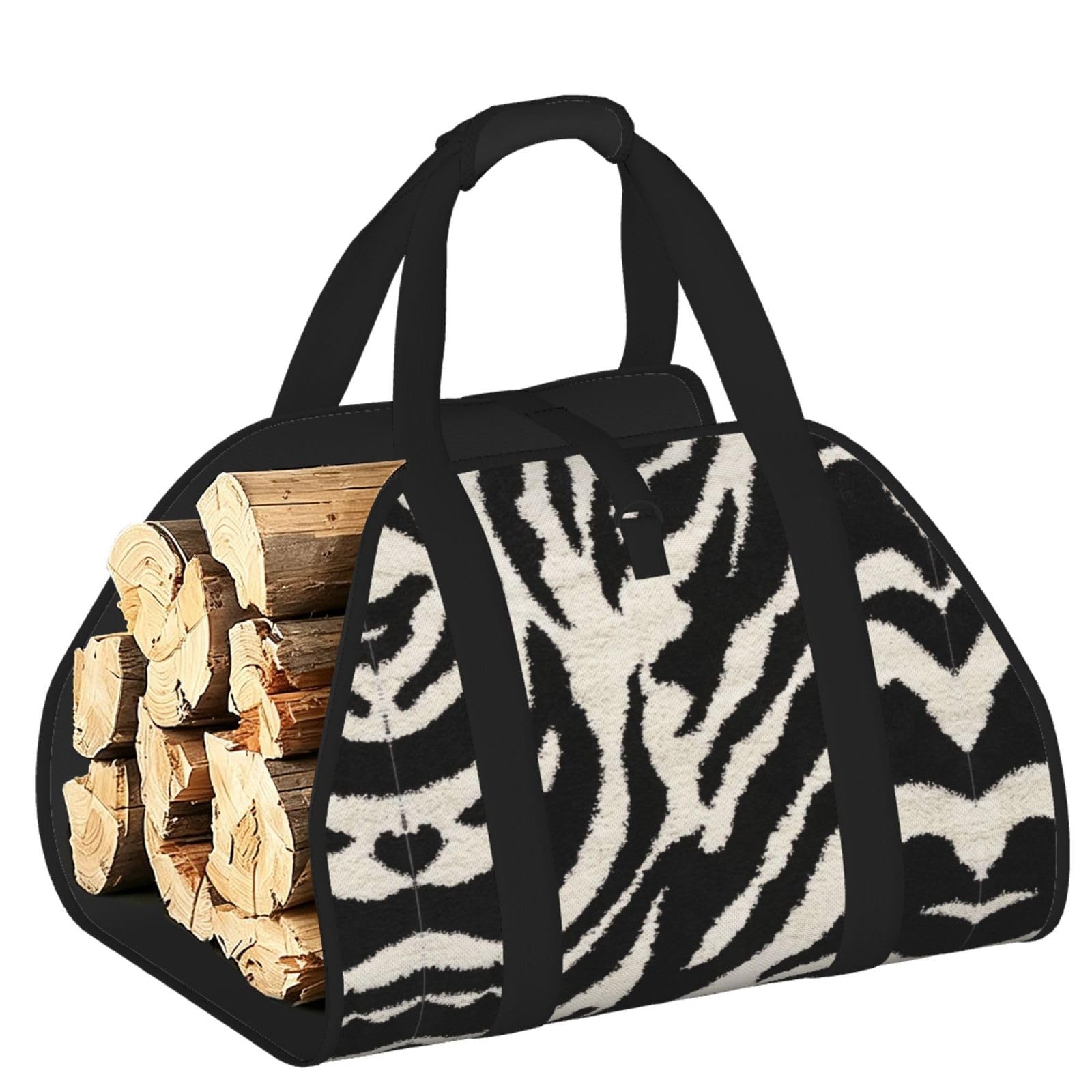 Zebra Animal Printed Firewood Carrier Bag, Log Tote with Open-Ended Design for Camping Outdoor Wood Hauling