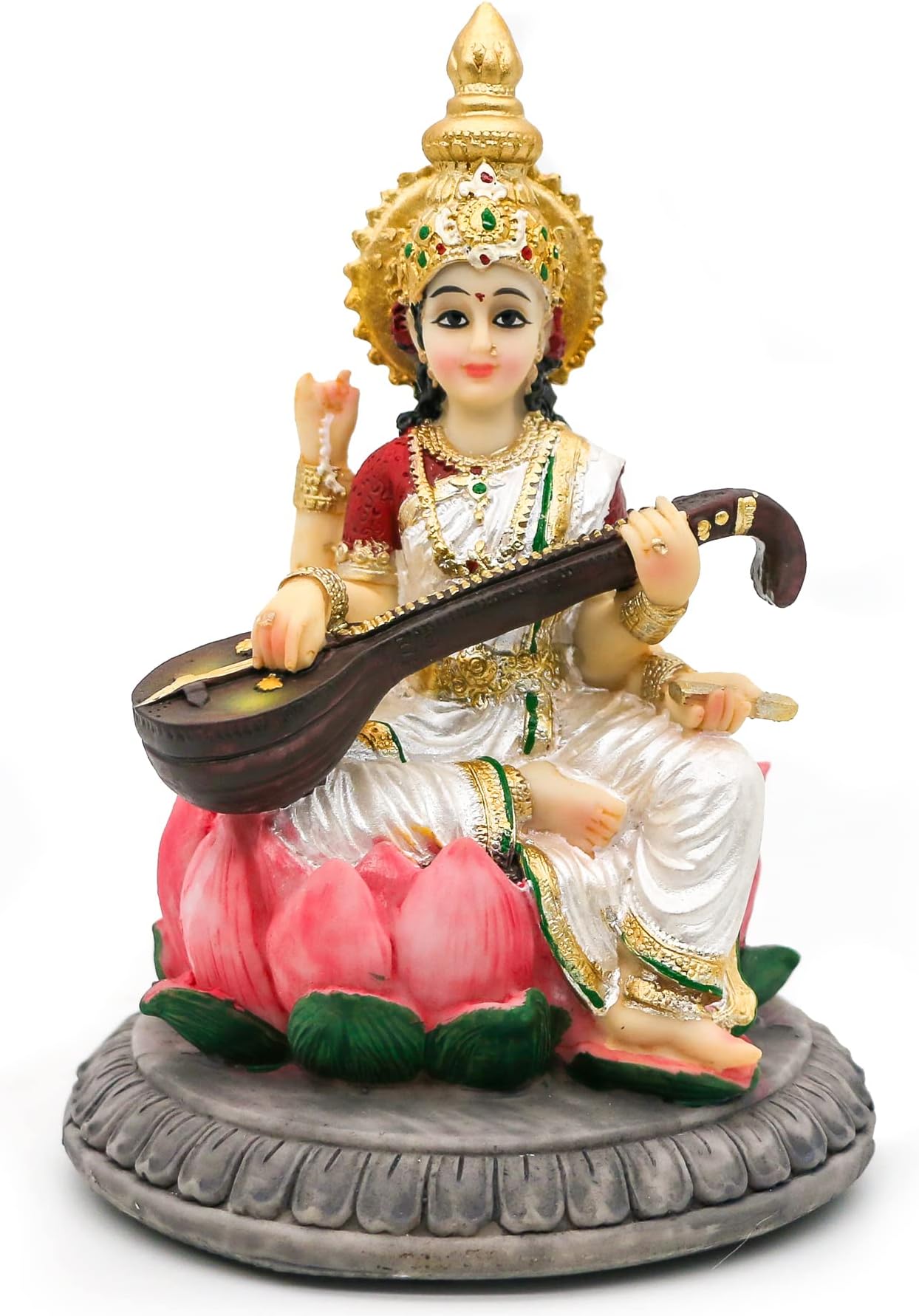 Alikiki Hindu Goddess Saraswati Idol Statue - 5.1”H, Multicolour, Handmade, Poly Stone, Diwali Decor, Diwali Gifts, Religious Statue