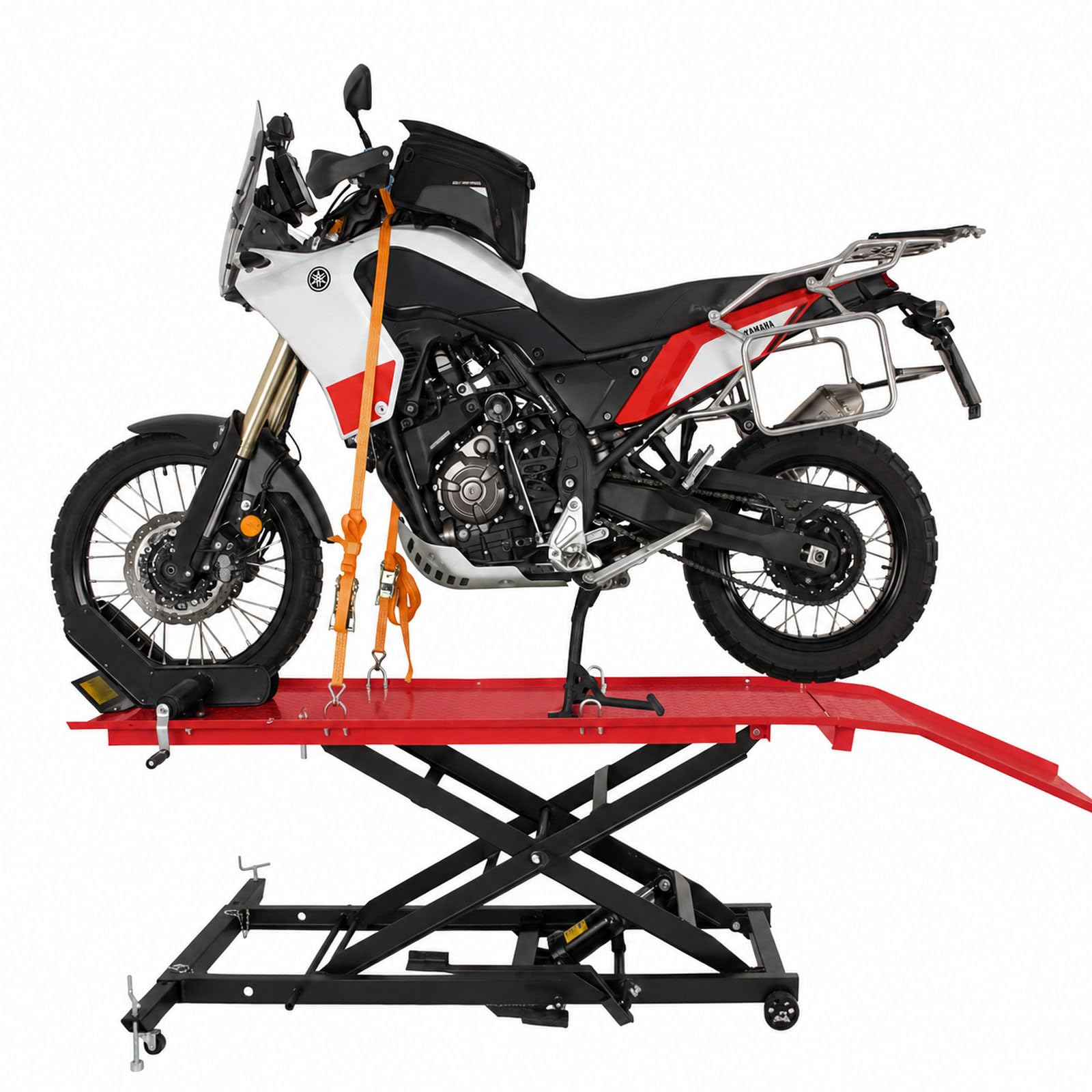 TRUTZHOLM Motorradhebebühne hydraulisch Tragkraft 560 kg Schwerlast Scherenheber Hubbereich 19-84 cm Nutzbreite 60 cm abnehmbare Auffahrrampe 4 Halteösen 45° Vorderradklemmung Hebebühne (Rot)