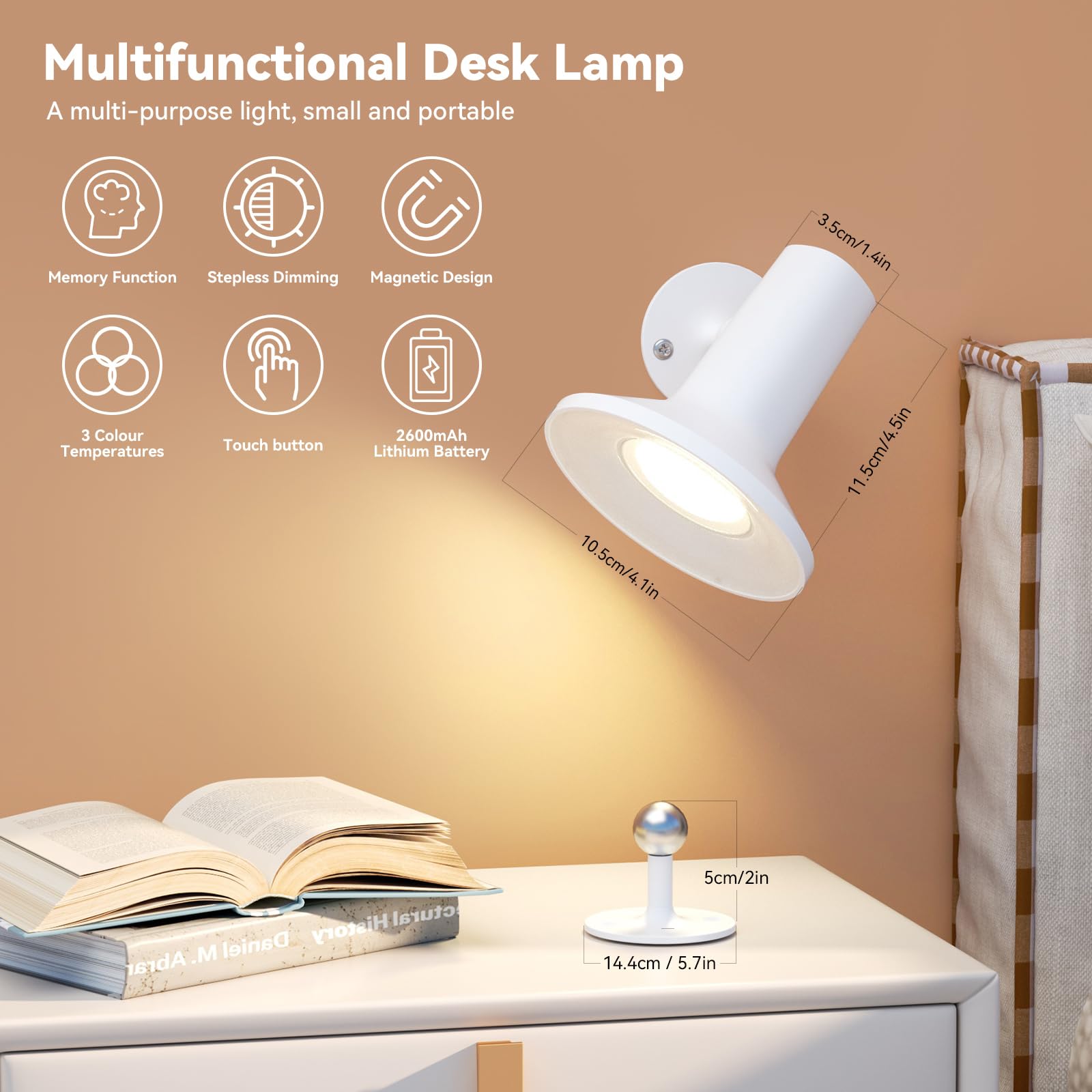 LED Lampada da Parete Interno,Bianco/Naturale/Caldo, Applique Ricaricabile da 2600 mAh,Luminosità Regolabile 10-100%, Illuminazione Ruotabile a 360 Gradi, Adatta per Corridoi/Soggiorno/Comodino