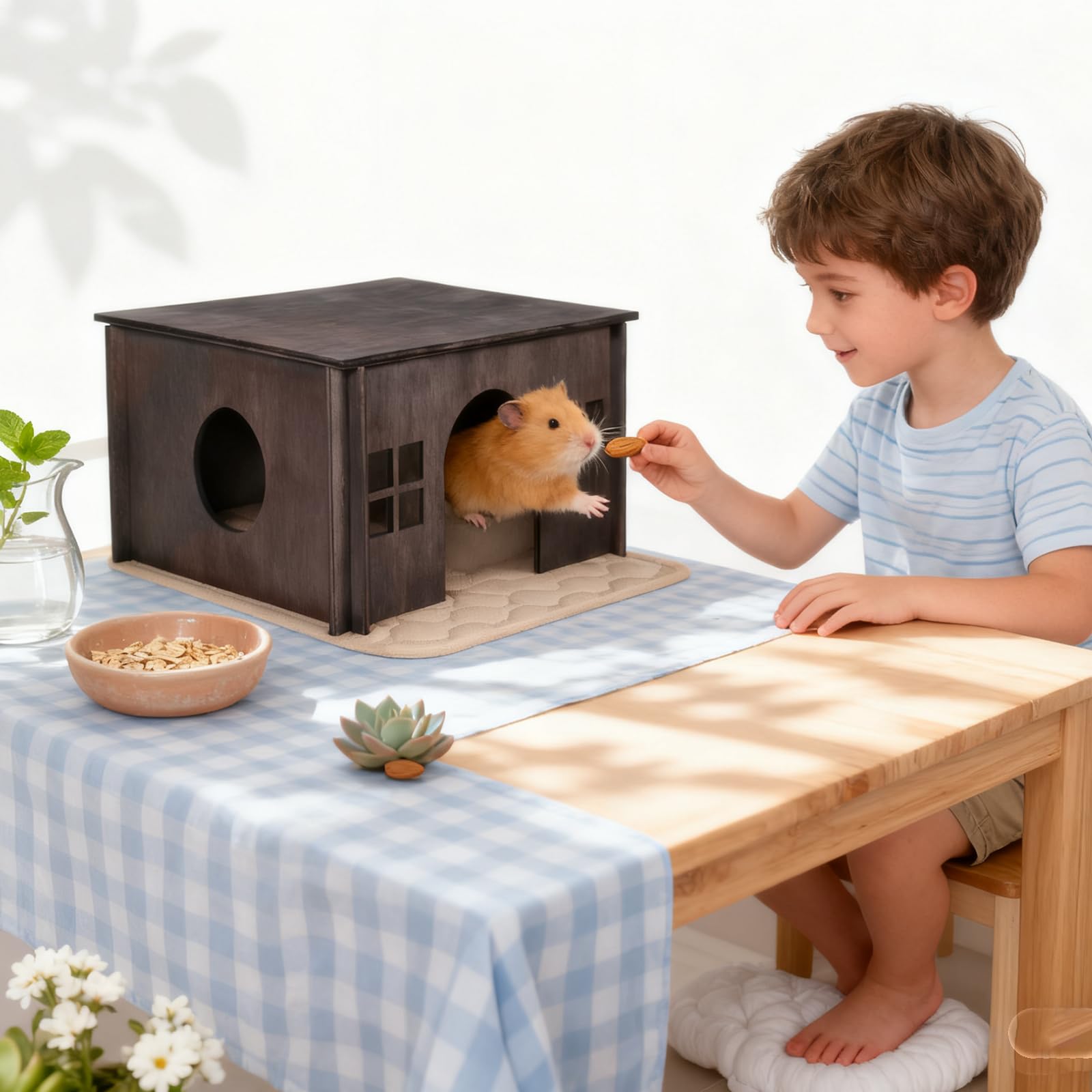 Maison pour Petits Animaux, Cabane en Bois Naturel avec Coussin pour Cochon d'Inde, Lapin Nain et Petits Rongeurs - Maisonnette, Cachette, Nid et Abri pour Petits Animaux d'Intérieur