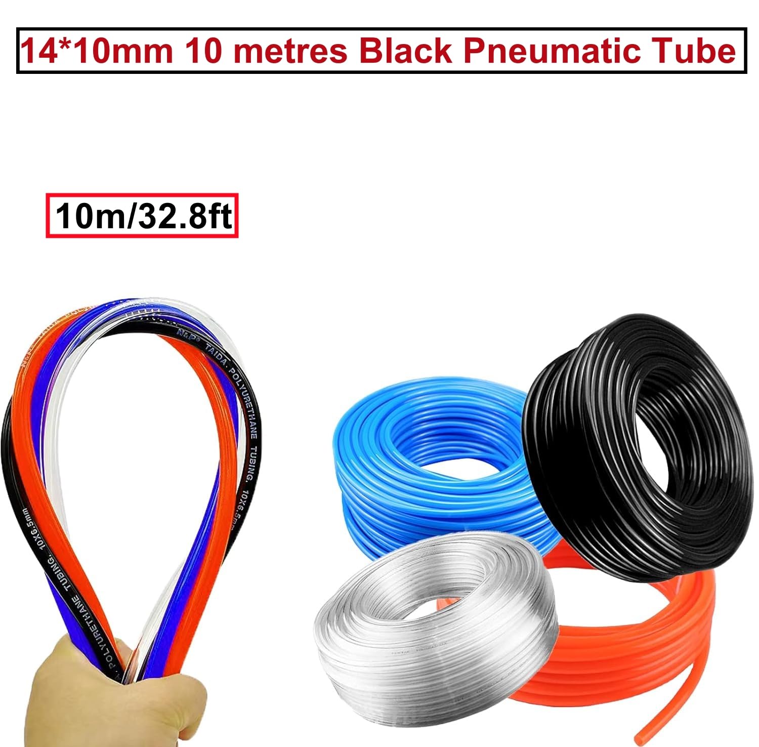HUAZIZ Tubo pneumatico in poliuretano nero, 10 m, tubo flessibile per aria compressa, esterno 14 mm x interno 10 mm + 1 tagliatubi blu + 1 nastro in teflon rosa