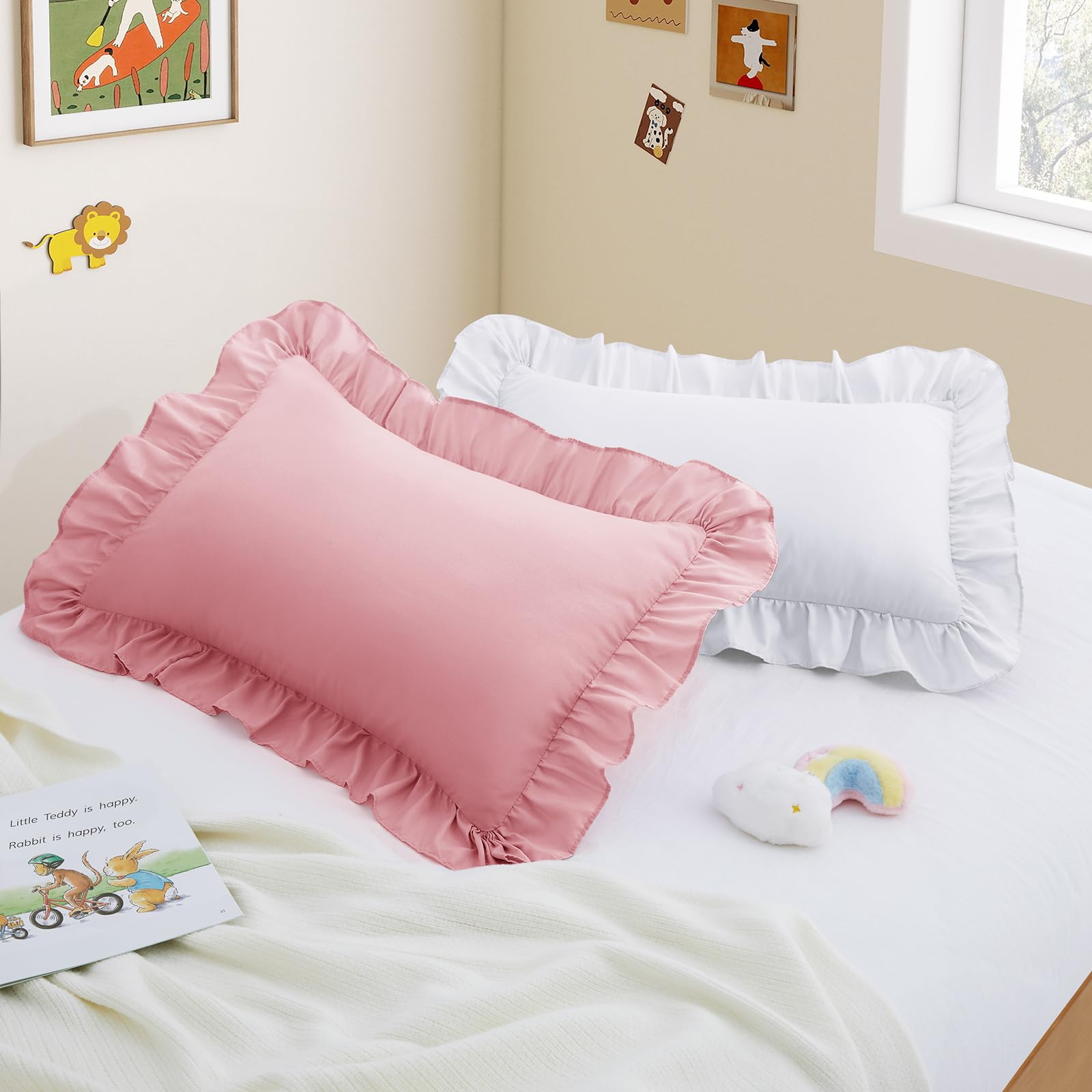 Photo 1 of Yvrcen 2 Pack Microfiber Toddler Pillowcase with Ruffle Edges, 13" x 18" Ruffle Toddler Pillow Cases, Soft Cute Kids Pillow Covers with Envelope Closure, Pink & White