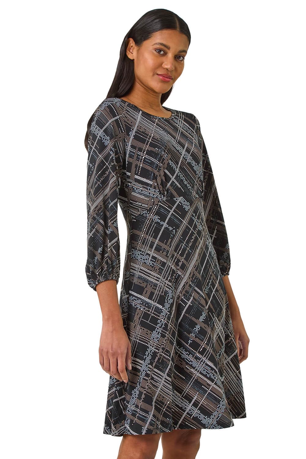 Roman Women Gathered Chest Dress Ladies Stretchy Fit & Flare Swing Tea A Line Skater Knee Length Long Sleeve Midi Smart Casual Work Going Out Cocktail Party - Chocolate - Size 18