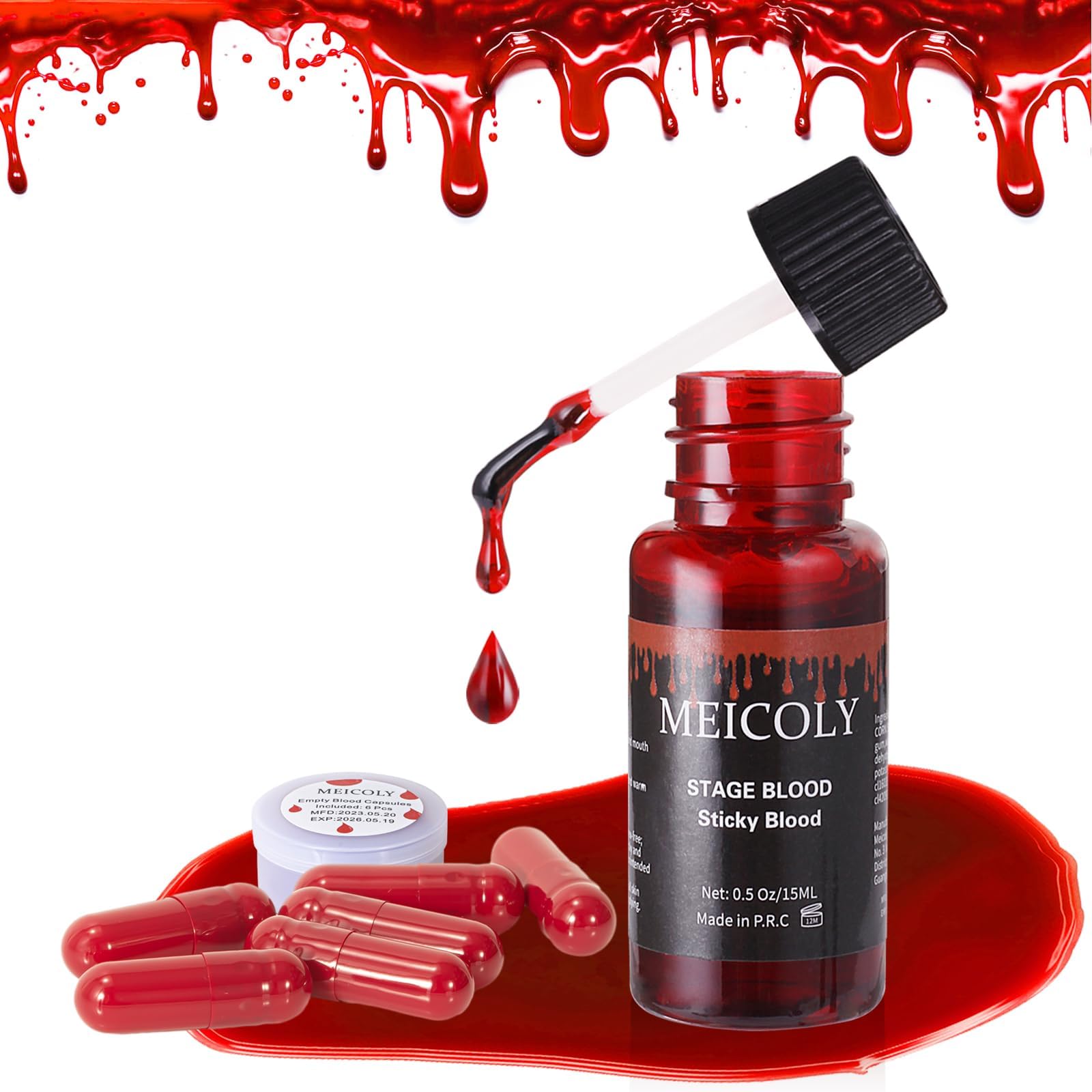 MEICOLY Fake Blood Washable,Edible Stage Blood,0.5 oz Realistic Drips Sticky Fake Blood with Brush,Safe for Mouth,Teeth,Nosebleed,Halloween,Cosplay,Scar,Wound Bites SFX Makeup,Special Effects,Bright