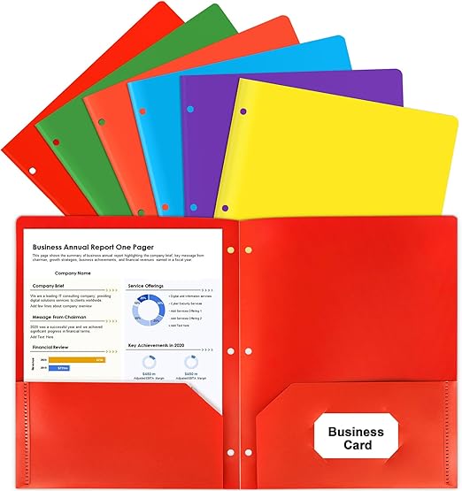 HABGP Colored Folders with Pockets 3 Hole Punched, Plastic Heavy Duty 2 Pocket Blinder Folders with Business Card Holder, Office Binder Folders for Documents, Filing Cabinet, Report, School