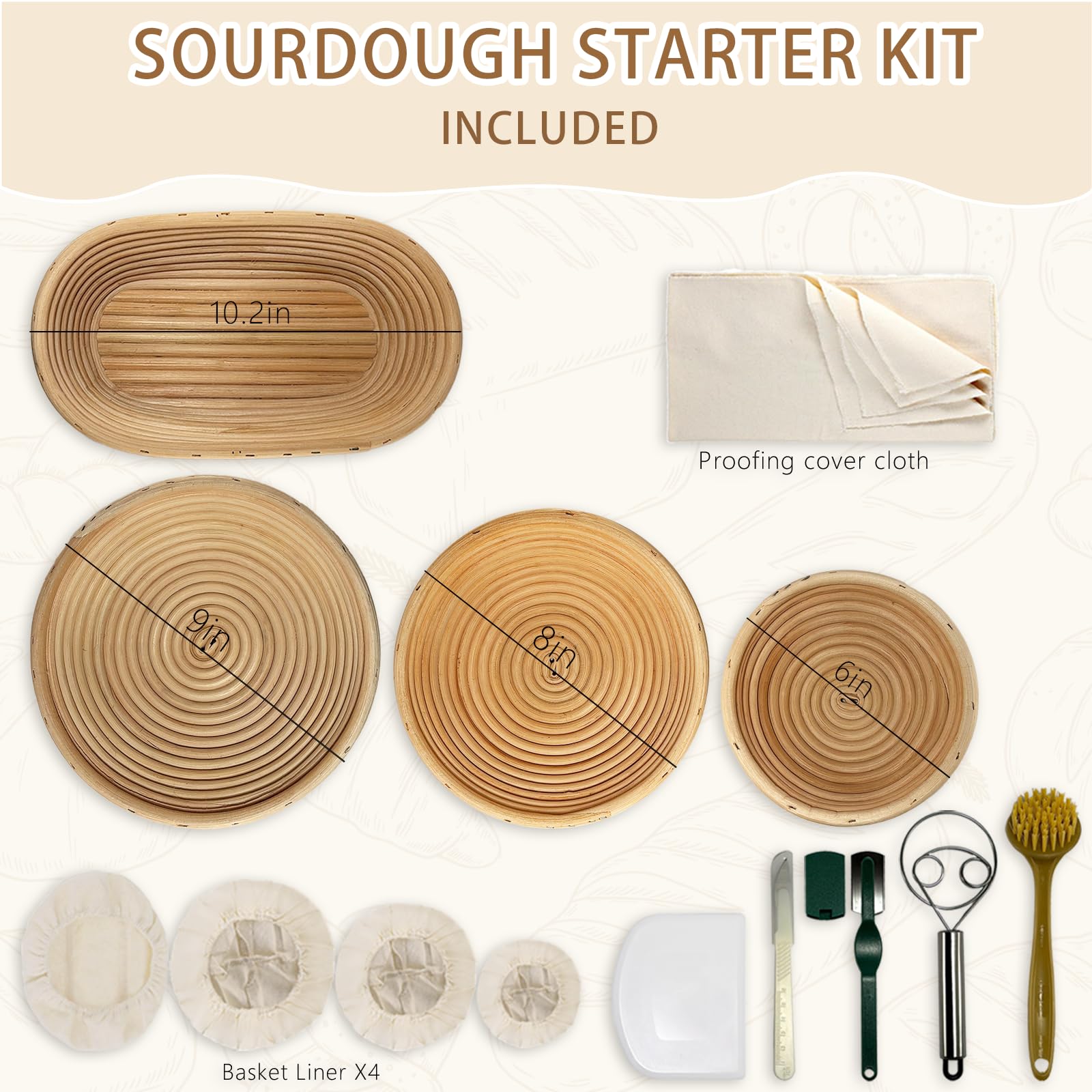 Banneton - Kit de cesta de ratán natural, cesta a prueba de pan de masa madre, cesta de 6, 8, 9, 10 pulgadas con herramientas de suministros para hacer pan, kit de inicio de horneado, juego de