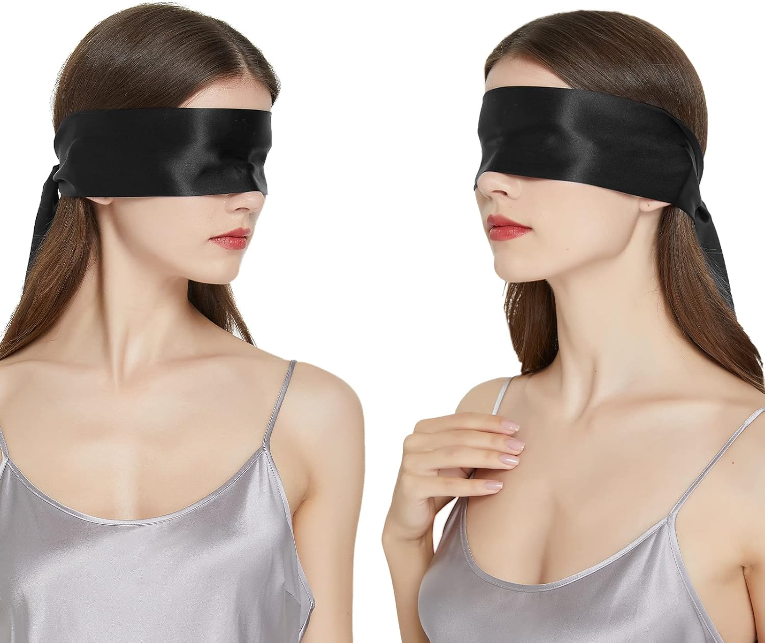 Silk Blindfold Sexy, 60" Silky Multiple Uses Ribbon, Solid Color Hair Tie for Women Fashion Silk Belt Sash Necktie (Black & Black)