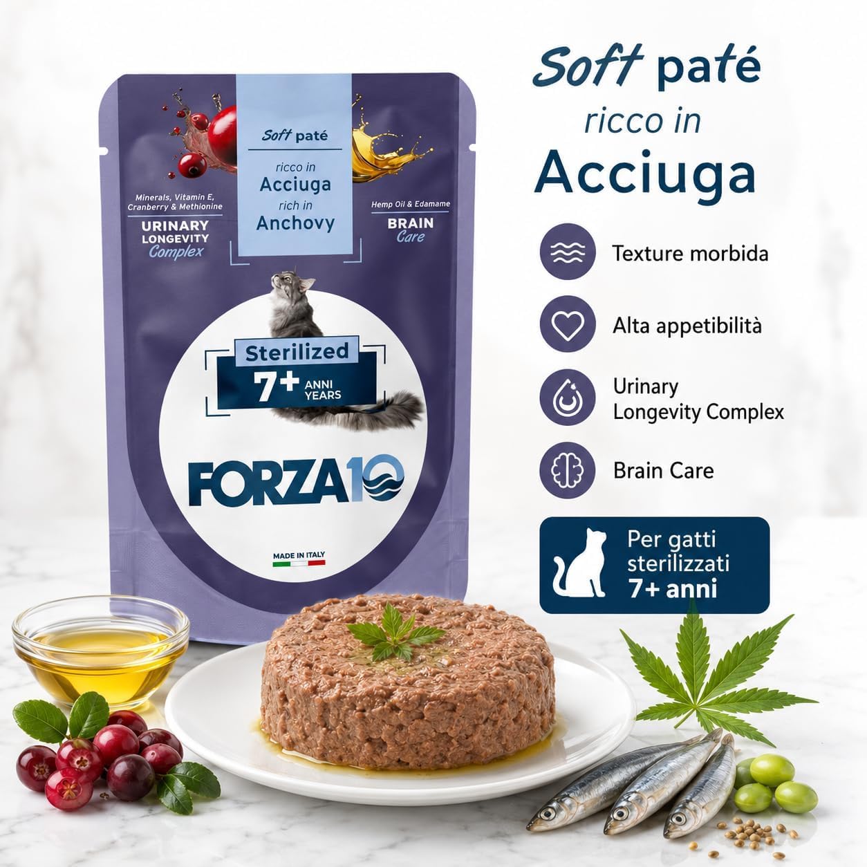 Soft Patè Gatto Acciuga 7 anni sterilized– Forza10 Cibo Umido per Gatti Anziani sterilizzati di tutte le Taglie e Razze,Monoproteico,24 Bustine x 80g, Alimento Completo.