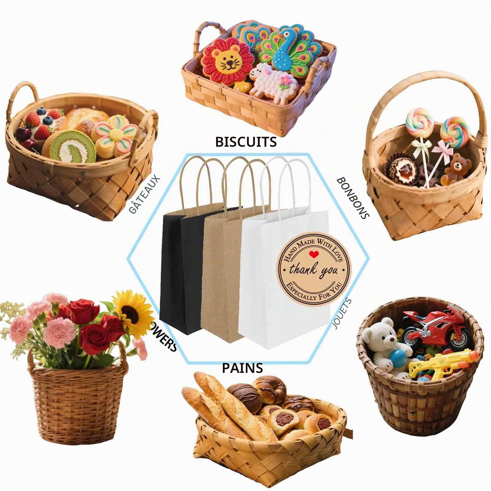 Lot de 50 petits sacs en papier kraft épais avec poignées, sacs cadeaux en papier (21 x 15 x 8 cm), 130 g/m², sacs de fête avec étiquettes pour dragées, fête d'anniversaire, mariage, shopping, vente