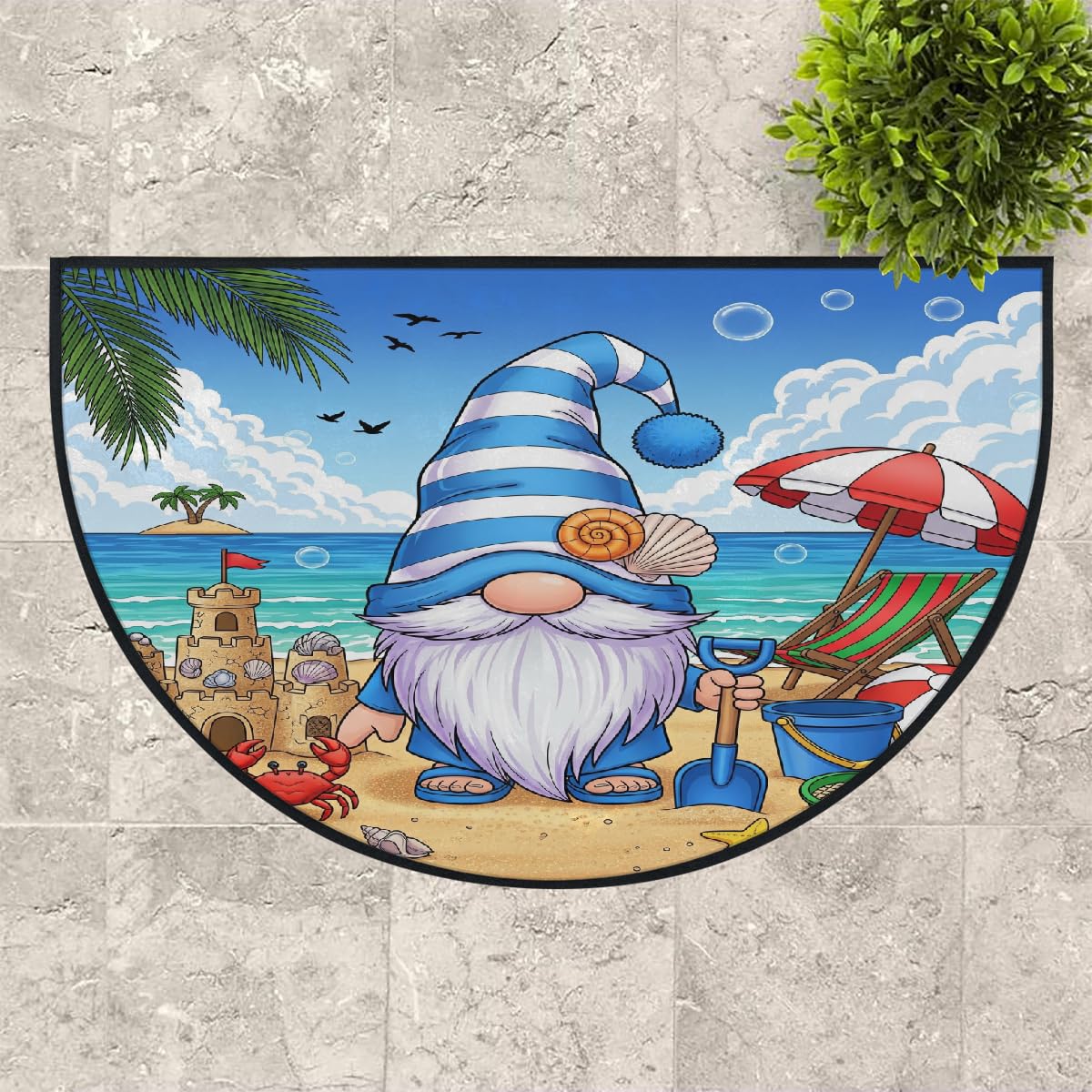 Große halbrunde Fußmatte – Strandzwerg, rutschfest, saugfähig, halbrund, Eingangsbereich, niedlich, weich, halbrund, waschbar, Teppich für Küche, Badezimmer, Schlafzimmer, 160 x 100 cm