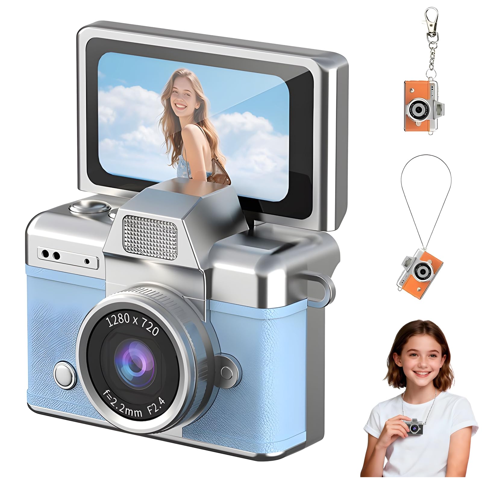 Mini Digital Camera with 1.47 in LCD Screen, 1080P Flip Screen Ultra-Compact Tiny Camera, Mini Keychain Camera, for Kids &amp; Adults, Collectible Gift for Travel, Birthdays &amp; Stocking Stuffers (Blue)
