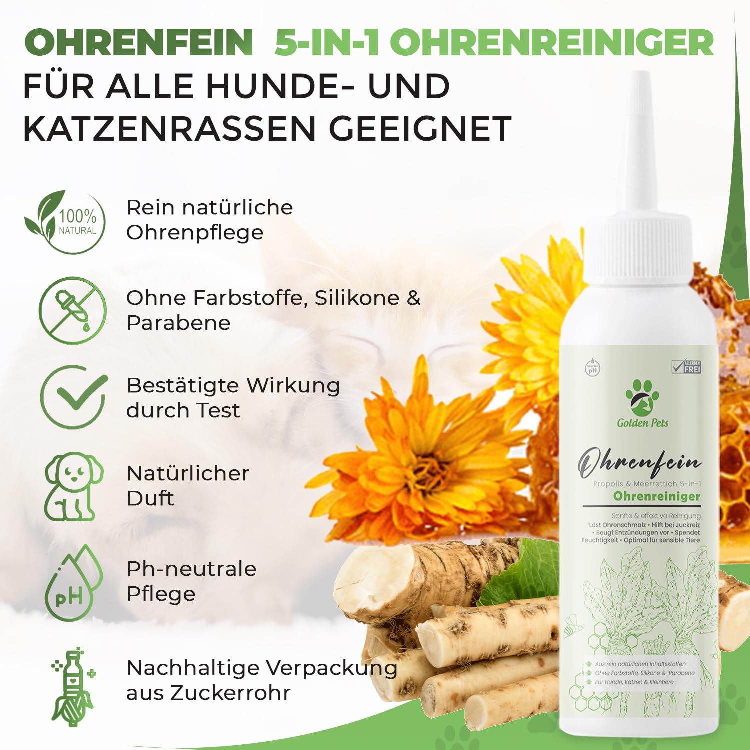 Golden Pets TESTURTEIL SEHR GUT Ohrenreiniger für Hunde & Katzen **VERGLEICHSSIEGER** 100% natürliche Ohrenspülung gegen Juckreiz, Entzündung & Ohrenschmalz I Ohrenpflege, 250ml