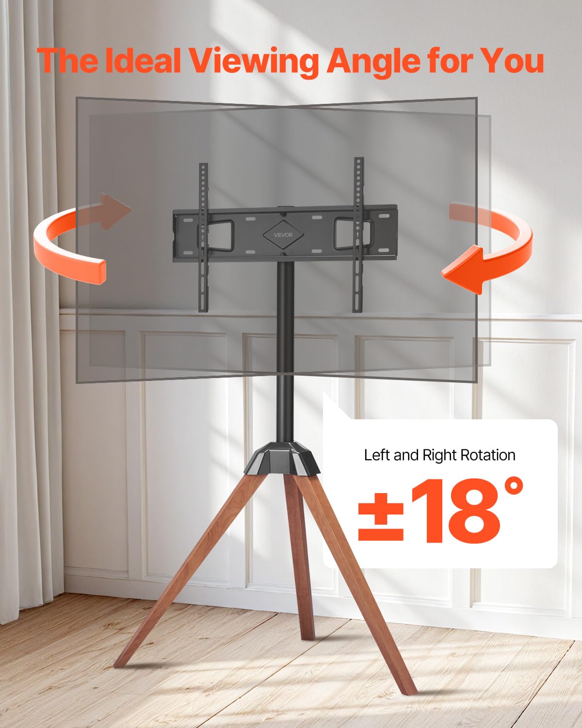 VEVOR Support TV trépied, pour écrans Plats/incurvés 1016-1651 mm, Support télé sur Pied Portable, avec Pieds en chêne, capacité de Charge 45 kg, Max. VESA 600 x 400 mm, pour Chambre, Studio, Salon