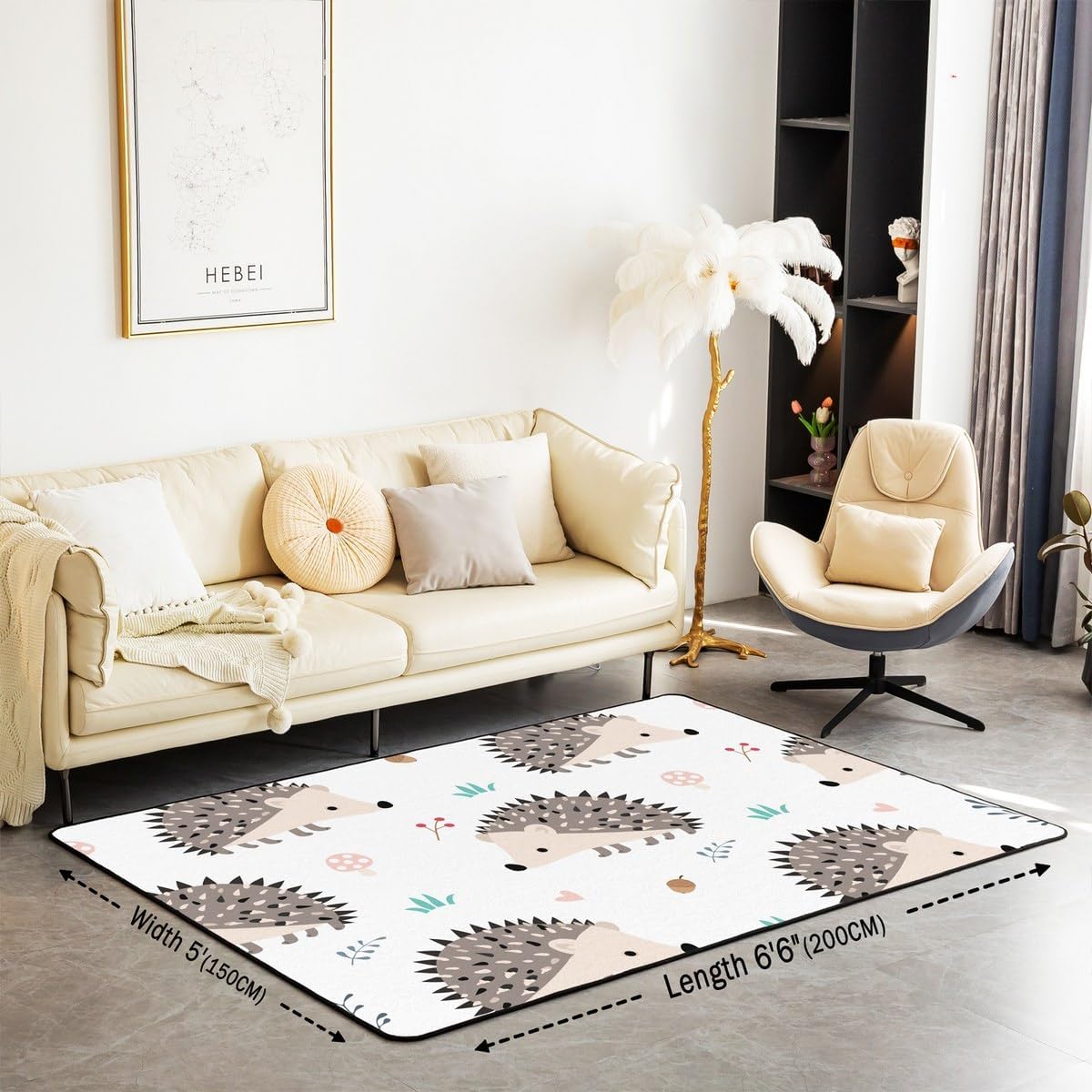 Erosebridal Kids Hedgehog Area Rug for Kids Boys Girls,Kawaii Animal Carpet 5x7,Natural Cartoon Mushroom Print Indoor Floor Mat,Botanical Plants Decorative Rug for Living Room