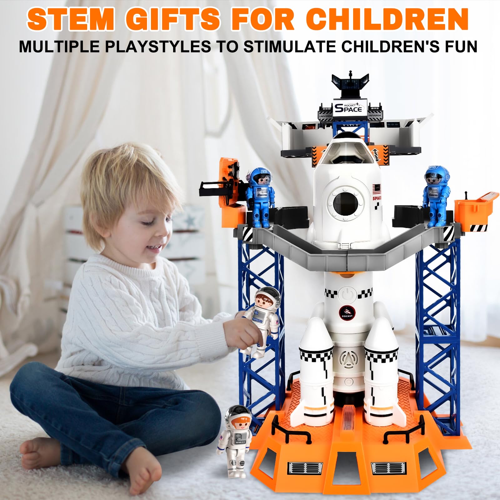 Herenear Razzo Spaziale, Versatile Space Shuttle per Bambini 3-8 Anni - Con Rampa di Lancio, Astronauta e Proiettori, Regalo per Ragazzi e Ragazze