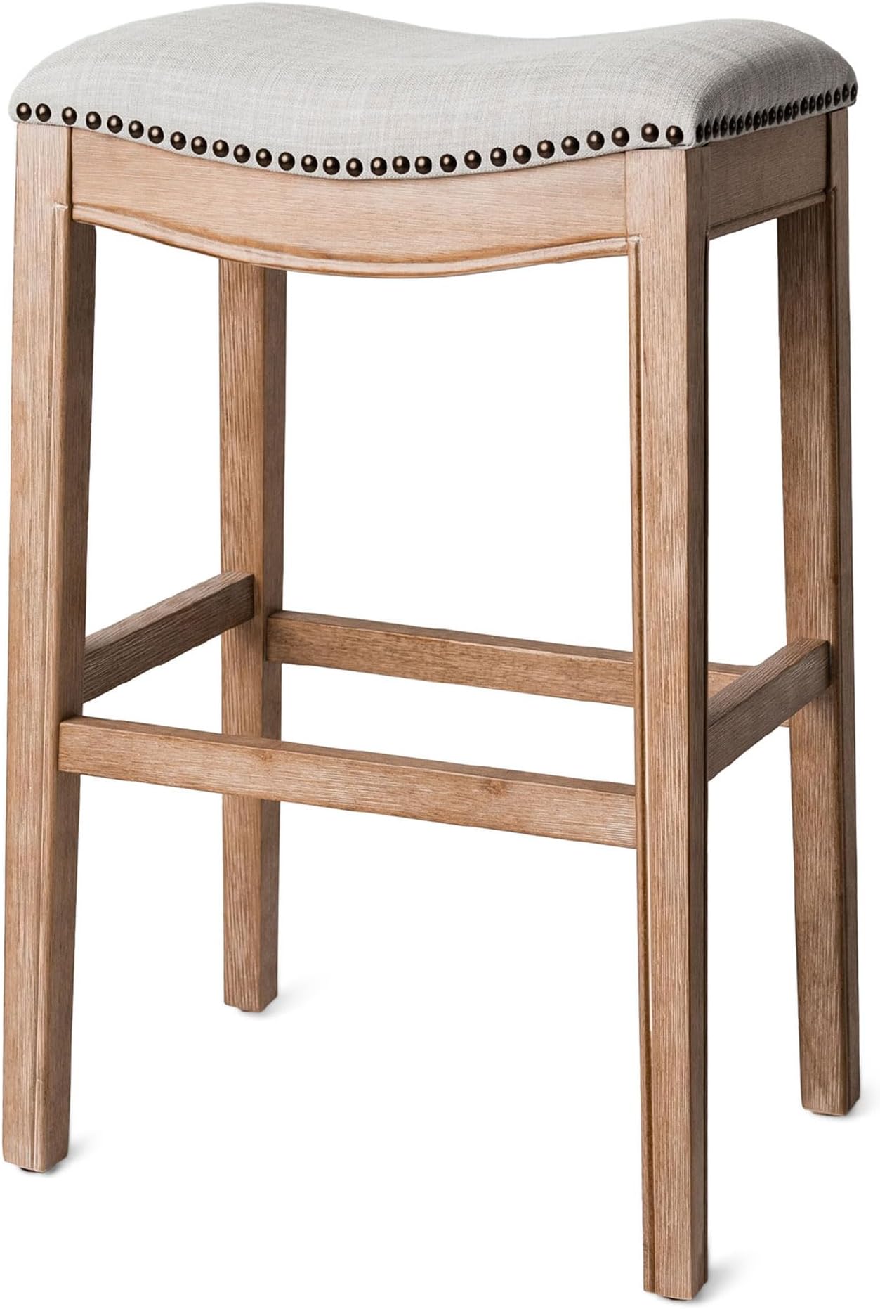 Maven Lane Adrien Kitchen Saddle Backless Bar Stool with Nailhead Trim, Weathered Oak, Bar Height