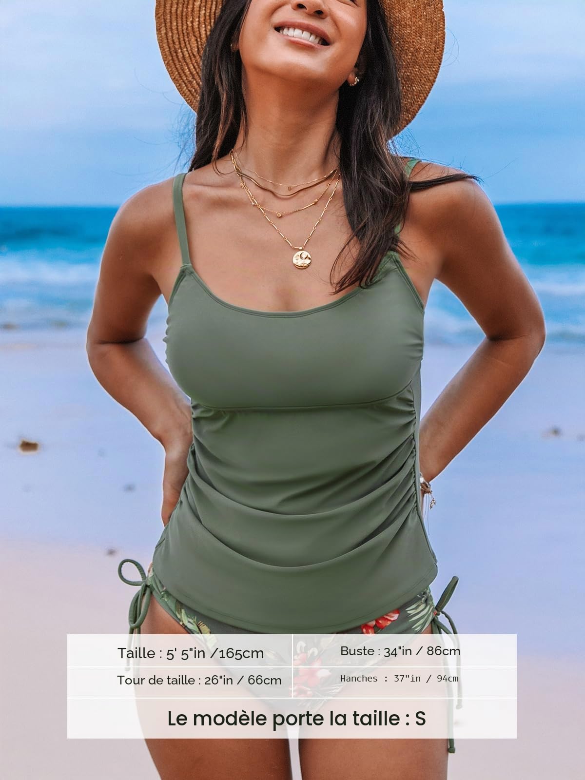 CUPSHE Tankini femme col rond bretelles réglables taille mi-haute maillot de bain deux pièces
