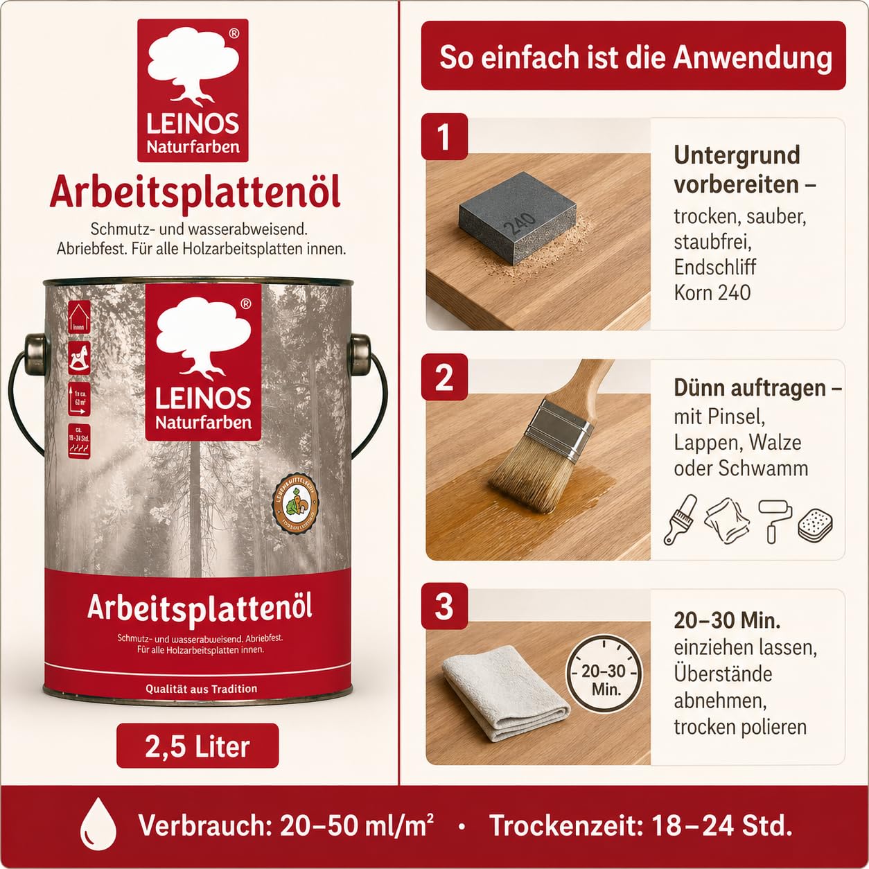 LEINOS 280 Arbeitsplattenöl 2,5 l Dose – lebensmittelecht, Öl für Küche | Imprägniert & schützt Holz nachhaltig gegen Schmutz & Feuchtigkeit – fleckenbeständig gegen Kaffee, Rotwein & Fruchtsäfte