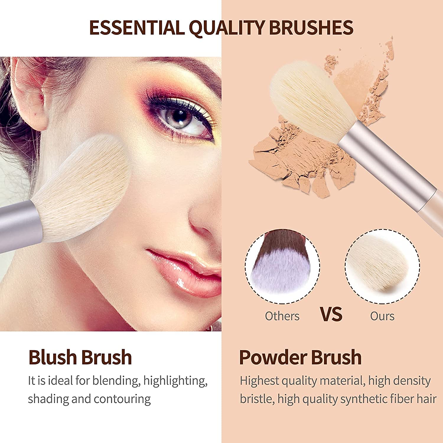 Pinceaux de Maquillage Yeux, Set 8 Pièces avec Fond de Teint, Nettoyant, Blush et Teint Fluide Professionnel (Abricot)