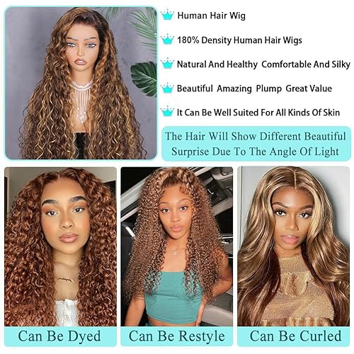 Miniatura 4 de XZZ Pelucas de encaje frontal con reflejos degradados, cabello humano 427 rubio miel, peluca rizada de cabello humano de 13 x 4 HD, encaje frontal