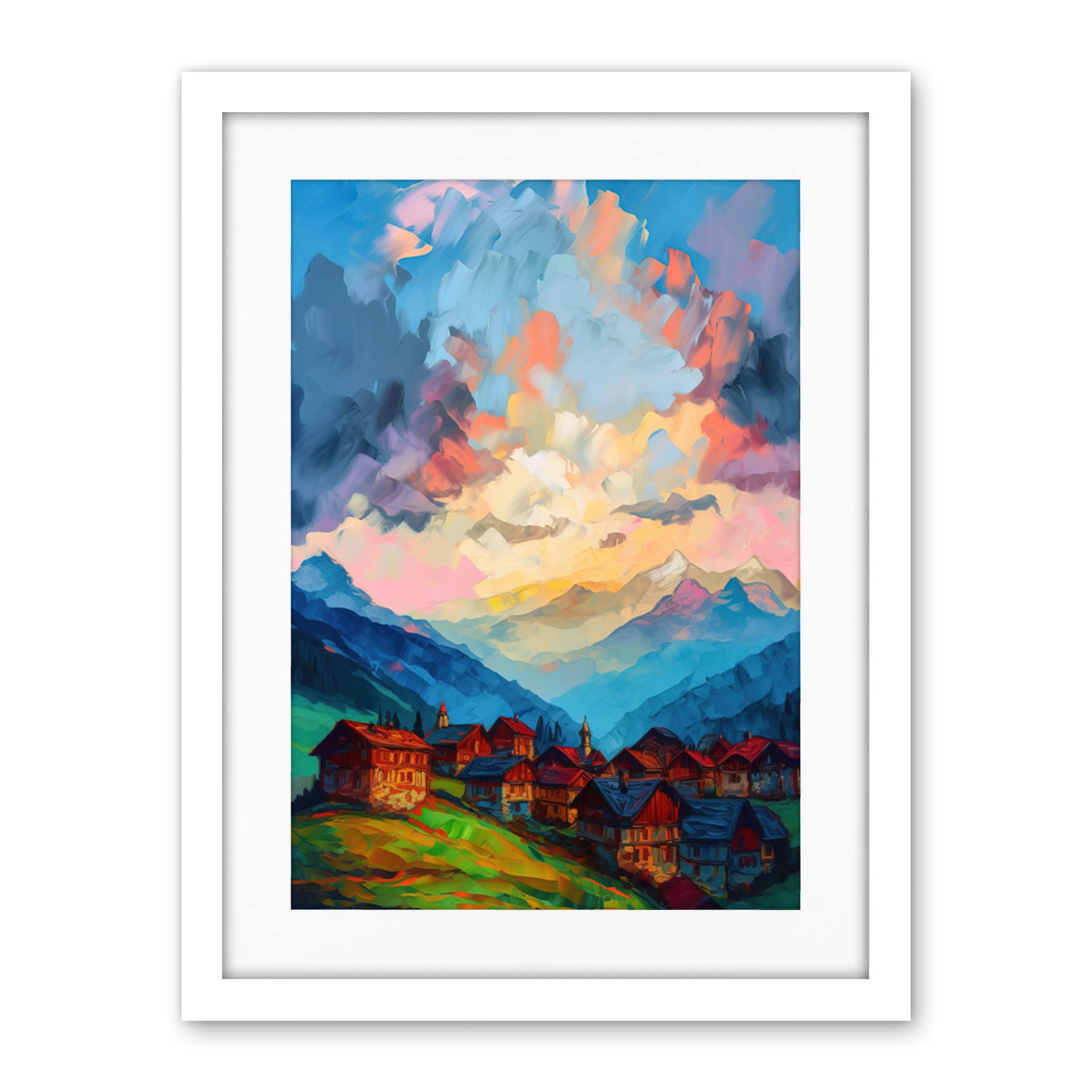 Artery8 Atmospheric Clouds at Dawn Over Small Village Houses in the Alps Modern Watercolour Painting Artwork Framed Wall Art Print 18X24 Inch