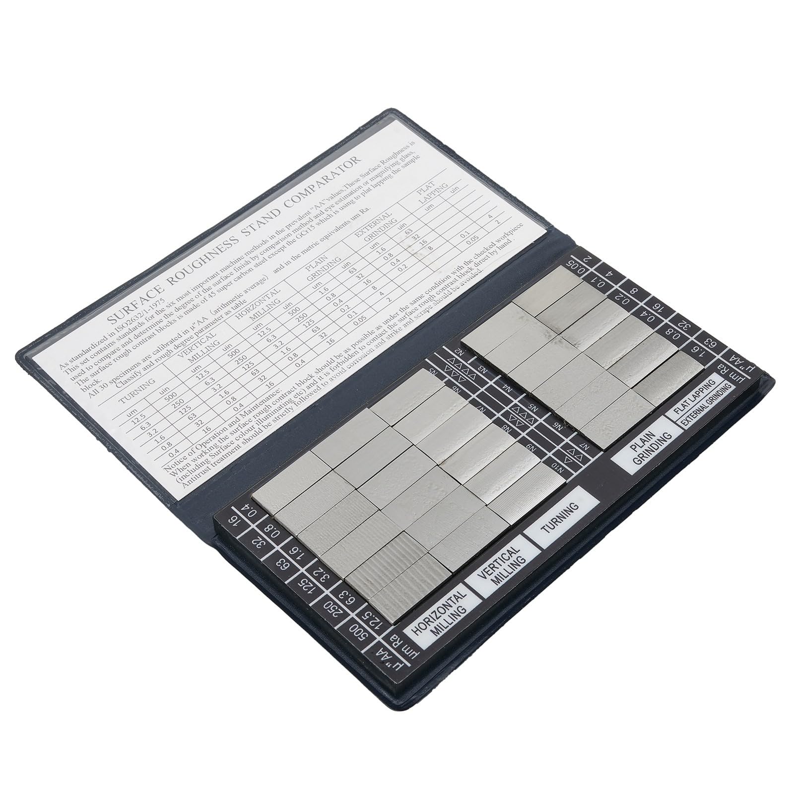 Juego de comparación de rugosidad de 30 piezas Ra 0,05 – 12,5 µm para piezas mecánicas para comparar superficies de fresado rotativo y lijado según el estándar SAE