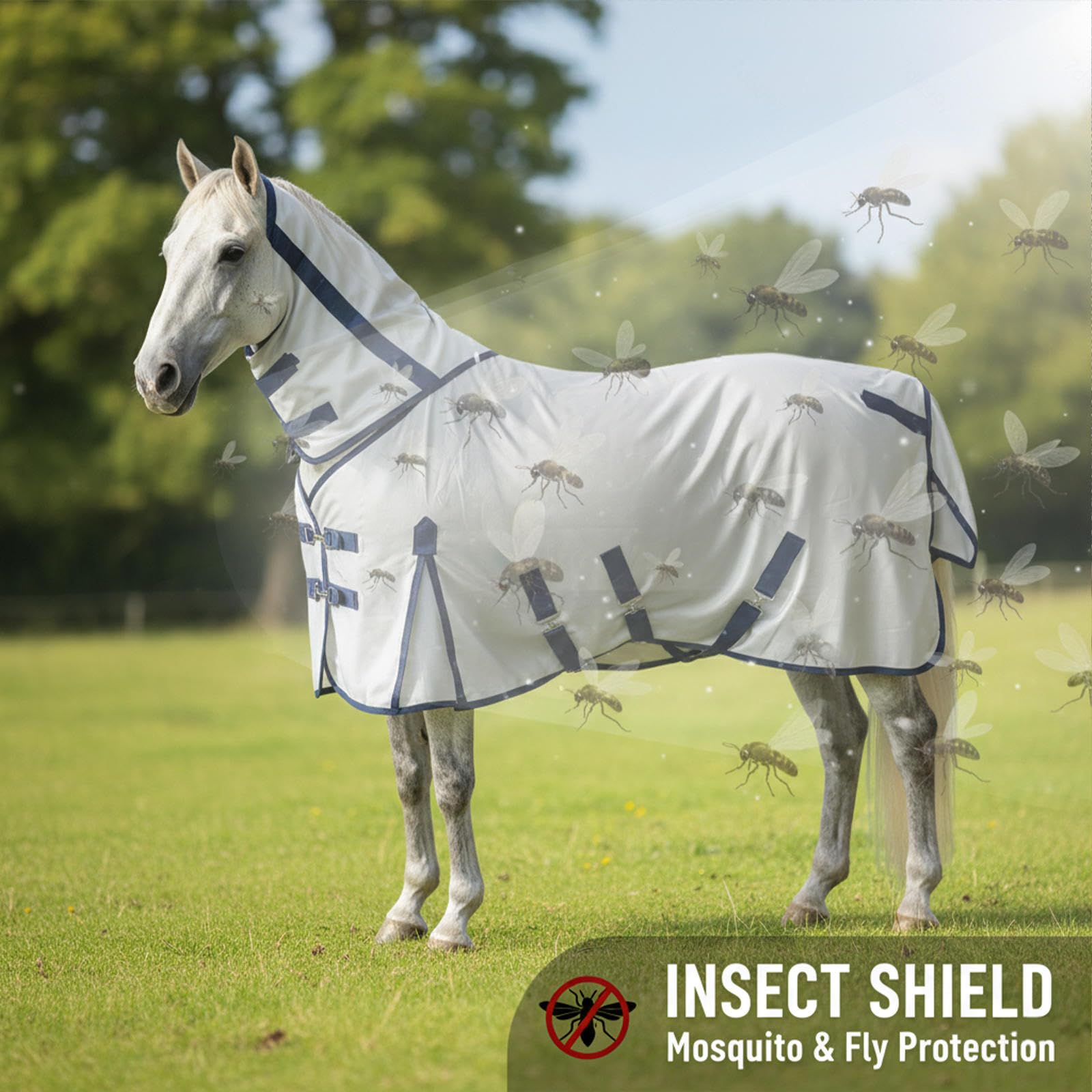 Manta para Caballos Repelente de Mosquitos Manta Anti-Moscas con Cuello con Cinturó para pastos y pastoreo,51in(130cm)