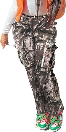 Womens High Waisted Camo Cargo Pants Casual Baggy Wide Leg Army Fatigue Trousers with Pockets Y2K Streetwear